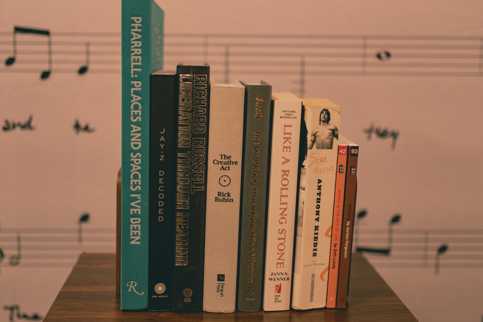 Music books on a shelf in front of the show backdrop